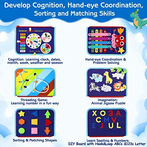 Educational toy activities for developing cognition, hand-eye coordination, sorting, and matching skills.