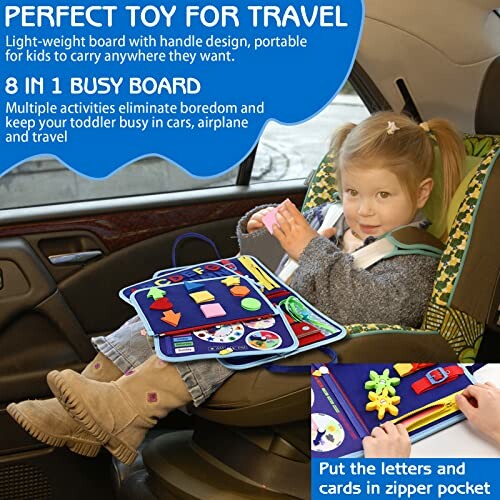 Child with travel toy busy board in car seat.