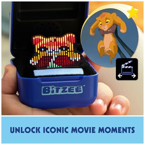 Bitzee device with pixel art and iconic movie moment.