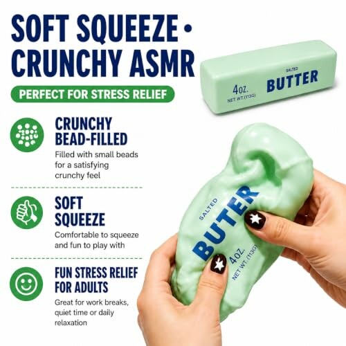 Butter-shaped stress relief toy with features and benefits.