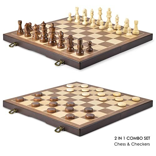 2 in 1 combo set with chess and checkers on a wooden board