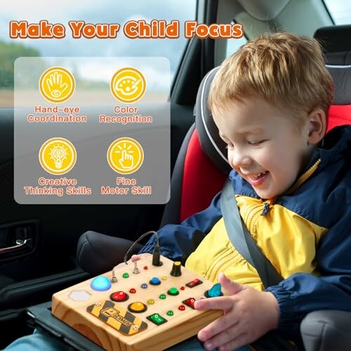 Child in car seat playing with educational toy for focus development.