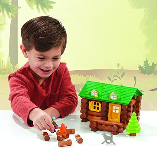 Child playing with a log cabin toy set including a small campfire and trees.