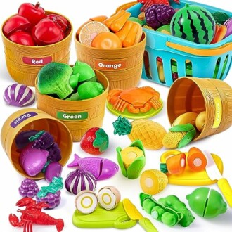 Assorted toy fruits and vegetables in baskets and a basket.