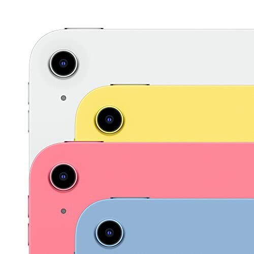 Four colorful tablet corners with cameras in white, yellow, pink, and blue.