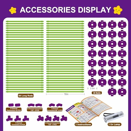 Display of construction toy accessories including rods, balls, connectors, instructions, and a UV lamp.