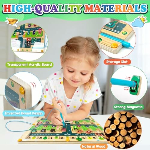 Child playing with educational magnetic board featuring high-quality materials.