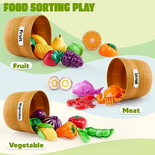 Toy food items sorted into categories: fruit, vegetable, and meat.