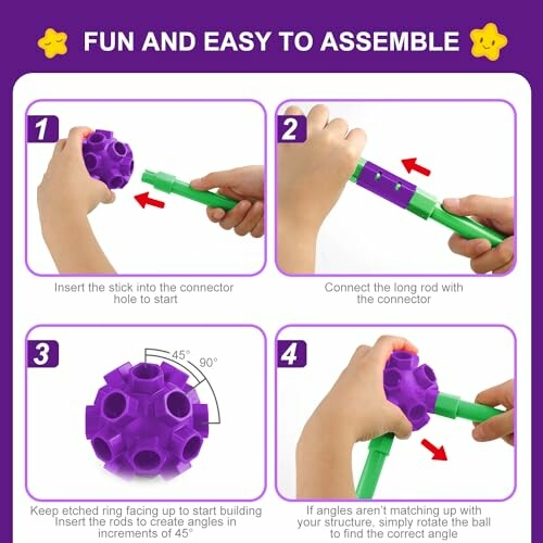 Step-by-step guide for assembling a toy with purple connector and green rods.