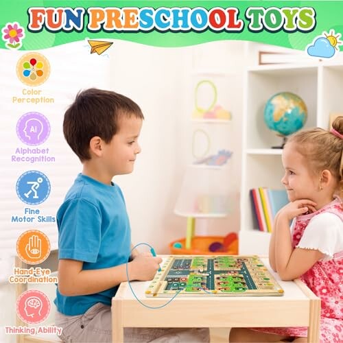 Two children playing with an educational wooden toy at a table.