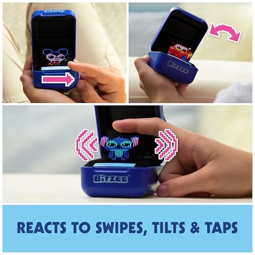 Interactive digital toy reacting to swipes, tilts, and taps.