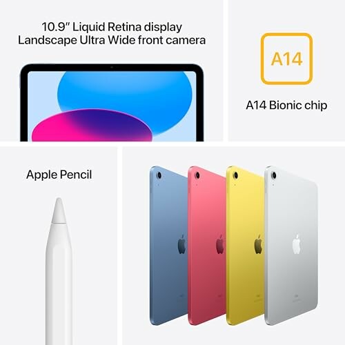 iPad Air features including Liquid Retina display, A14 Bionic chip, and Apple Pencil.