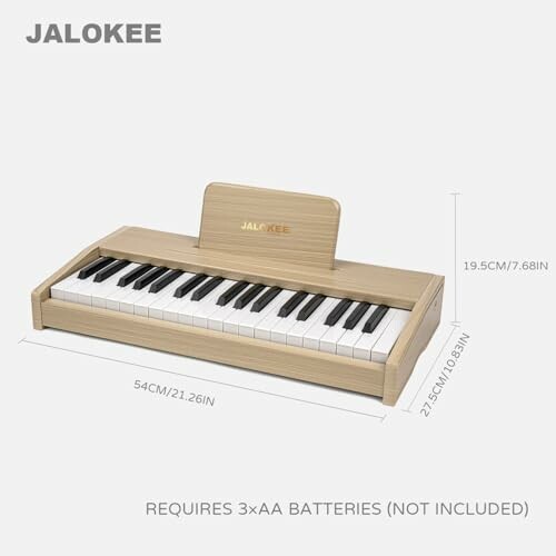 Jalokee mini wooden piano with dimensions and battery requirement.