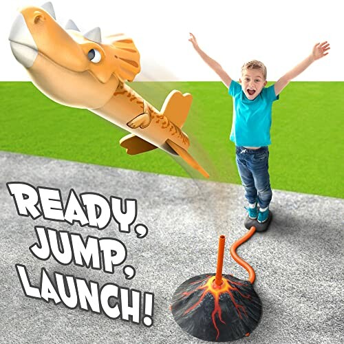 Child enthusiastically launching a dinosaur-themed toy rocket outdoors.