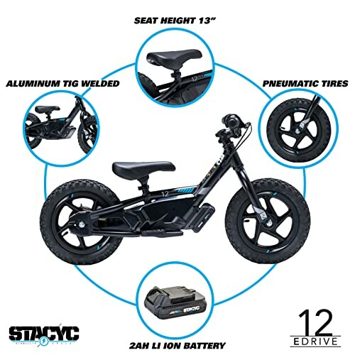 Children's electric balance bike with pneumatic tires and Li-ion battery.