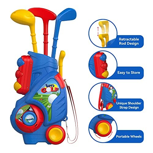 Colorful kids golf set with retractable rod and portable wheels.