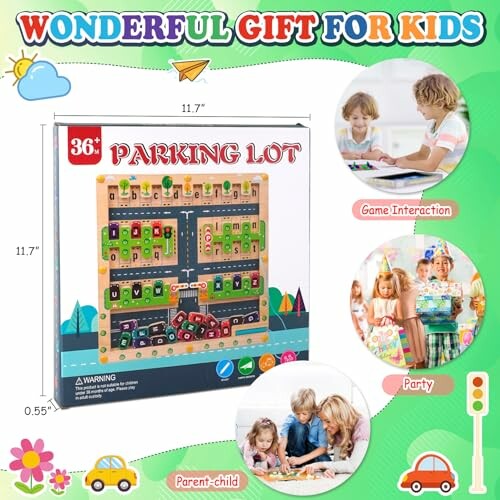 Colorful kids parking lot toy set with game interaction and parent-child play.