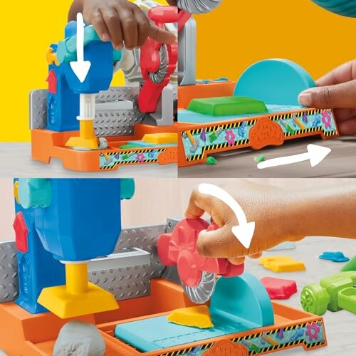 Children playing with a colorful toy toolset featuring a drill and gears