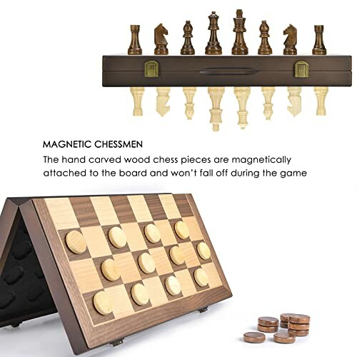 Magnetic wooden chess set with hand-carved pieces and board