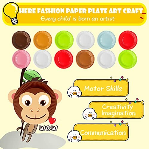 Paper plate art craft for kids featuring a monkey design with colorful plates for motor skills, creativity, and communication.