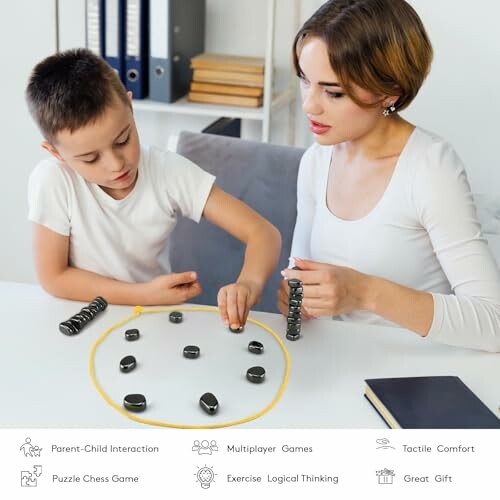 Mother and son playing a puzzle game at a table.