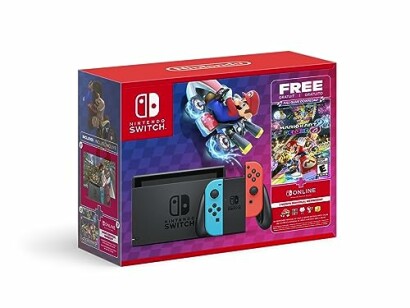 Nintendo Switch bundle with Mario Kart game and controllers.