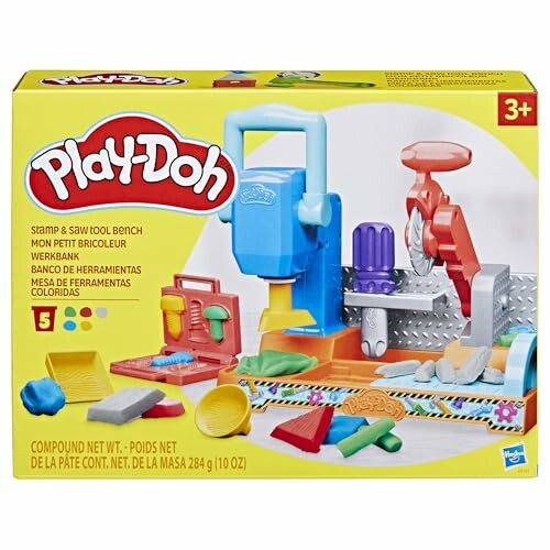 Play-Doh Stamp and Saw Tool Bench set with colorful tools and accessories