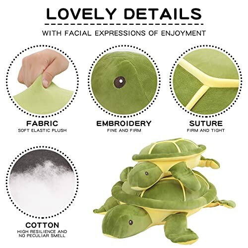 Turtle plush toy with details on fabric, embroidery, and cotton.