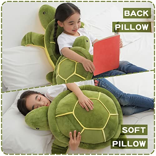 Child using a large turtle-shaped pillow for sitting and sleeping.