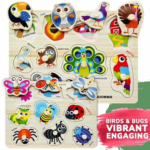 Colorful wooden puzzle featuring birds and bugs for children.